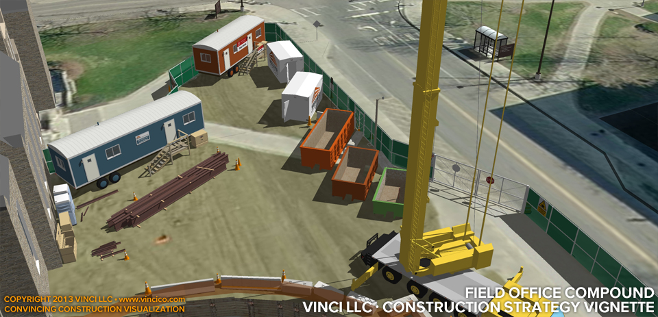3d virtual construction worksite field office compound.