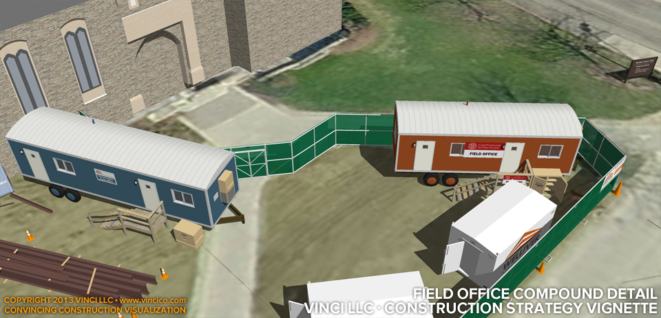 3d virtual construction worksite field office compound detail.