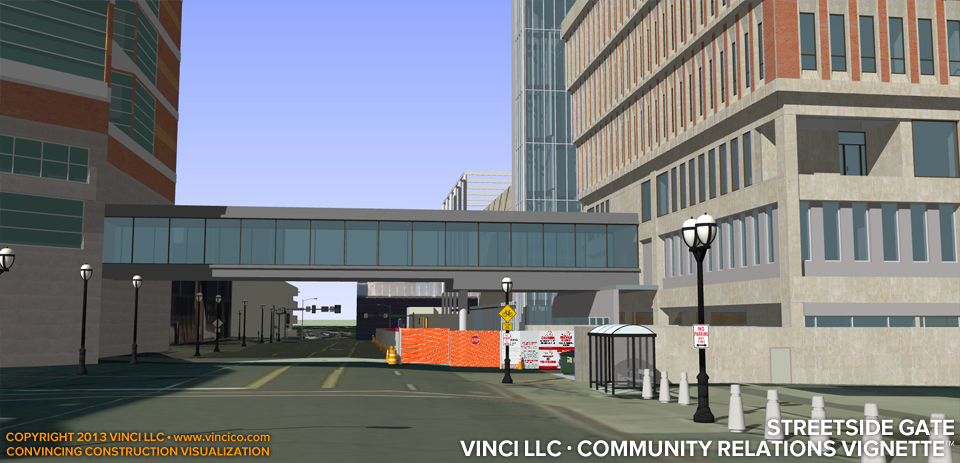 3d virtual construction urban courthouse community relations vignette streetside entry gate.