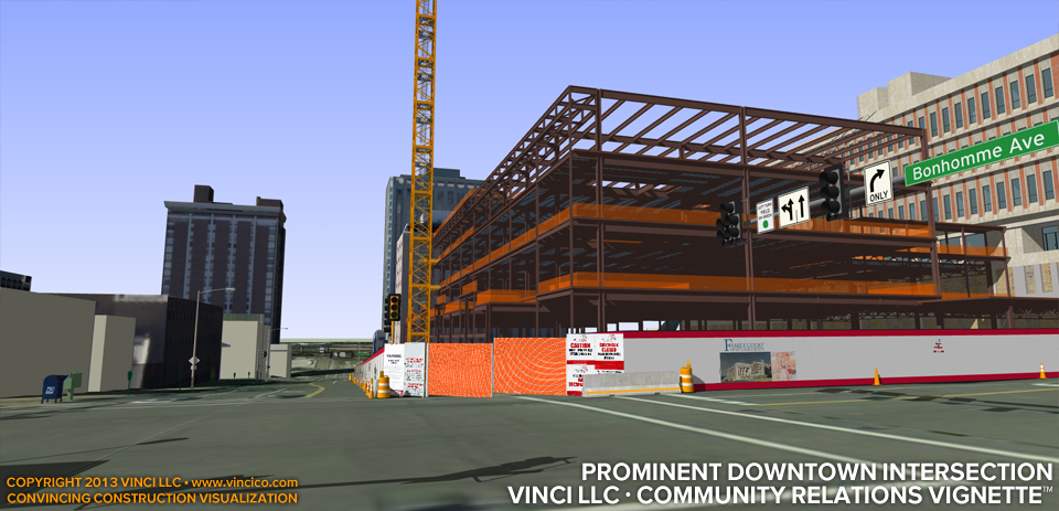 3d virtual construction urban courthouse community relations vignette traffic view.