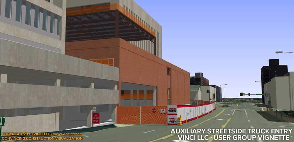 3d virtual construction urban courthouse community view streetside truck entry gate.