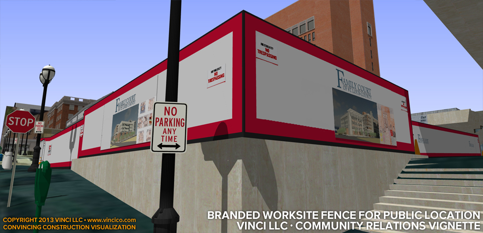 3d virtual construction urban courthouse pedestrian view branded field office compound.
