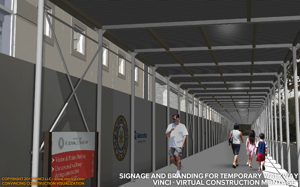 temporary protected walkway with signage and branding